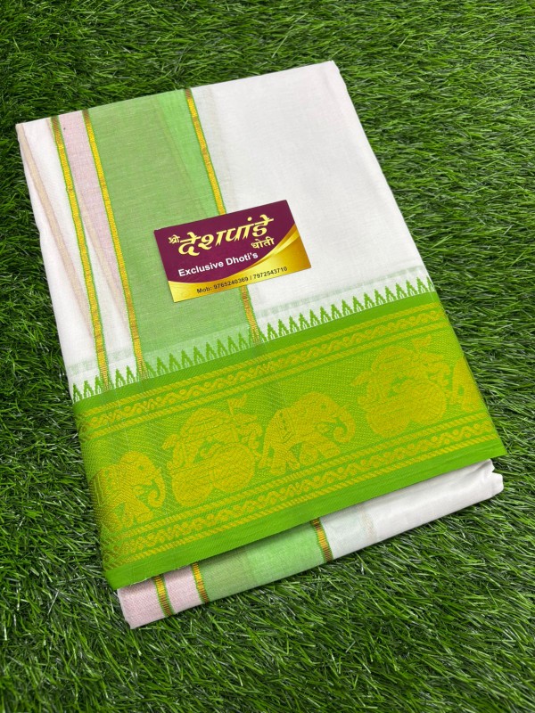WHITE DHOTI WITH PARROT GREEN BORDER